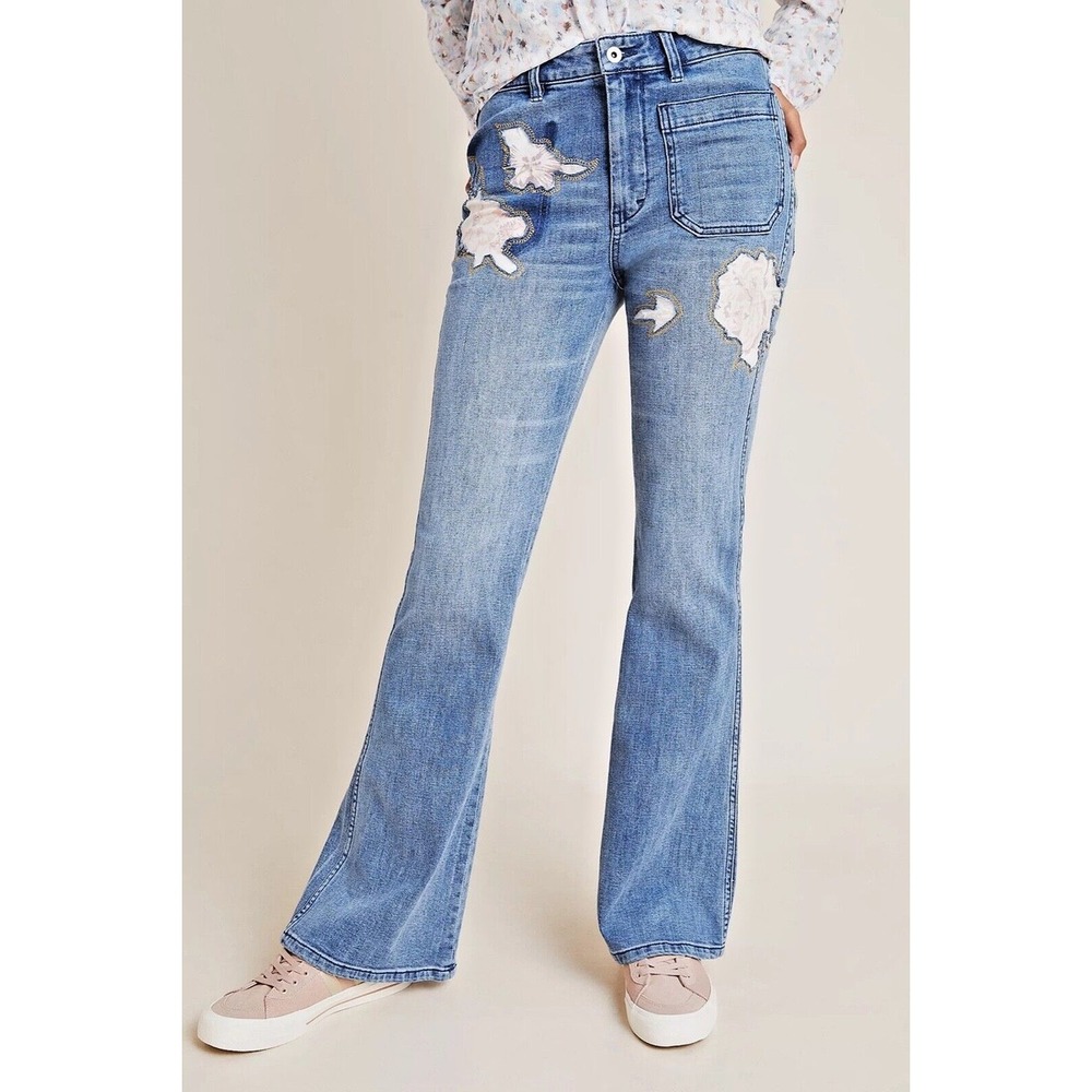 Pilcro & the Letterpress Flower  Patchwork Flare‎ Jeans High Rise Wide Leg 39x30